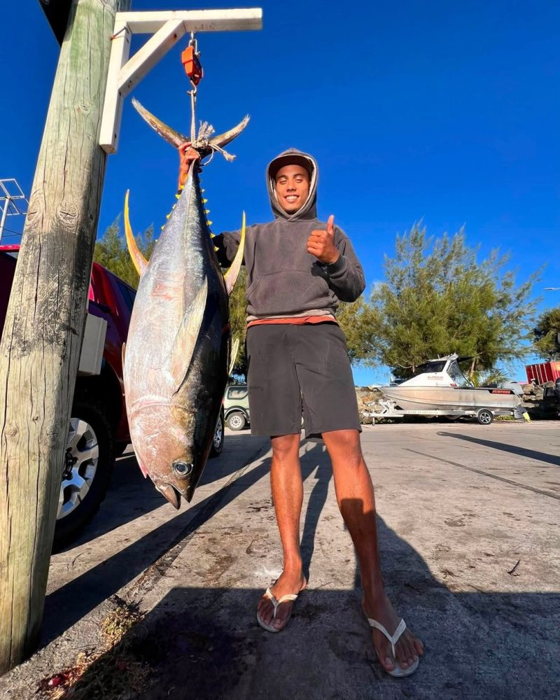 A yellowfin tuna on the scales at the wharf